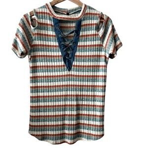 Bananaee‎ Striped Cold Shoulder Lace Up V Neck T Shirt Women Multicolored